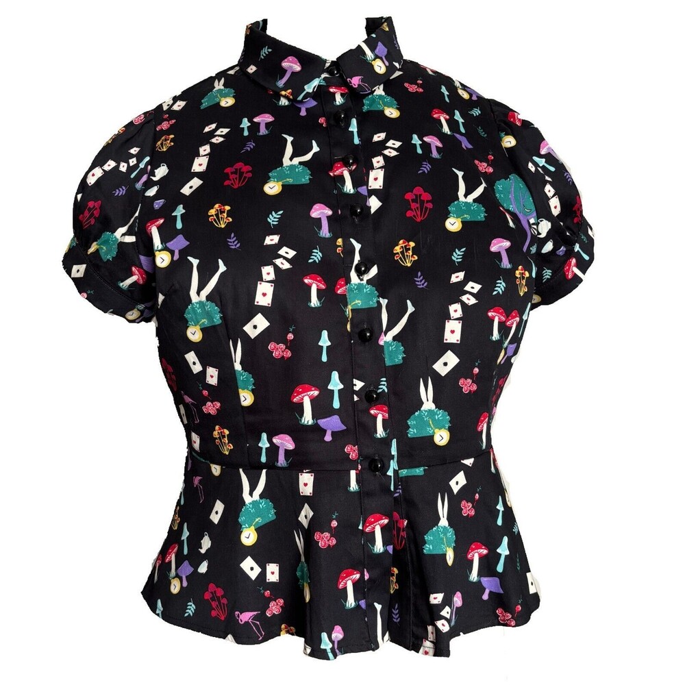 Retro Rockabilly Alice in Wonderland Buttoned Peplum Blouse Puffed sleeves